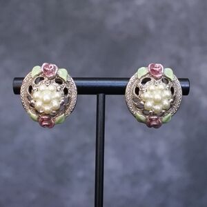 Vintage Silver Tone Faux Pearl Pink Rose Earrings